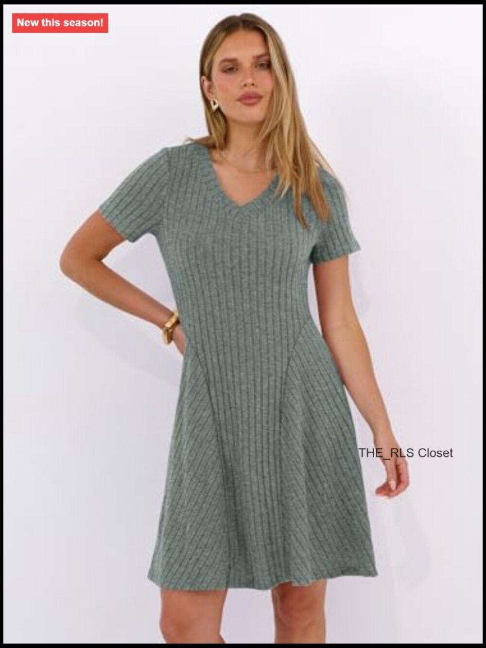 Ribbed Knit V-Neck A-Line Mini Dress Casual Summer Swing - Picture 2 of 7